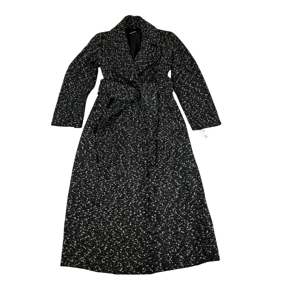 Express Womens Black White Marled Tweed‎ Long Wrap Belted Overcoat XS